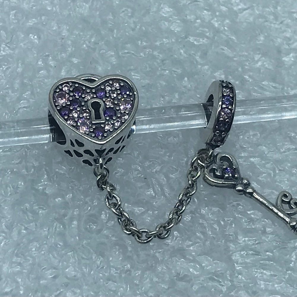 ❤️ Lock with Key , Purple Crystal CZ Charm Sterling Silver 925 #HP15-8